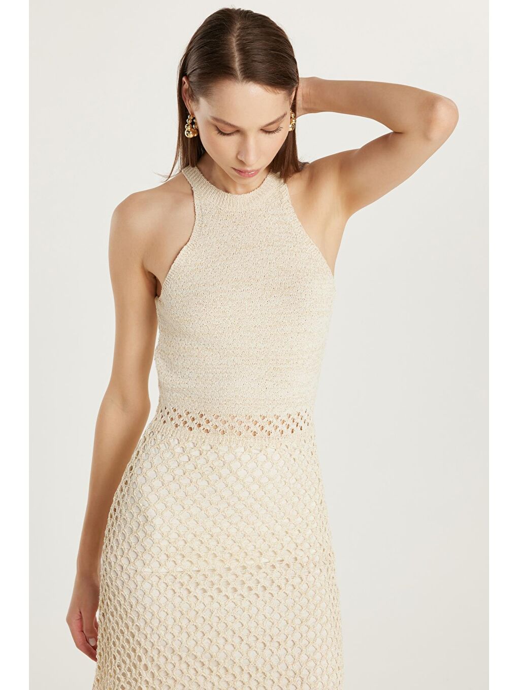 Kadın Standart Fit Örme Detaylı Bisiklet Yaka Ekru Elbise-1