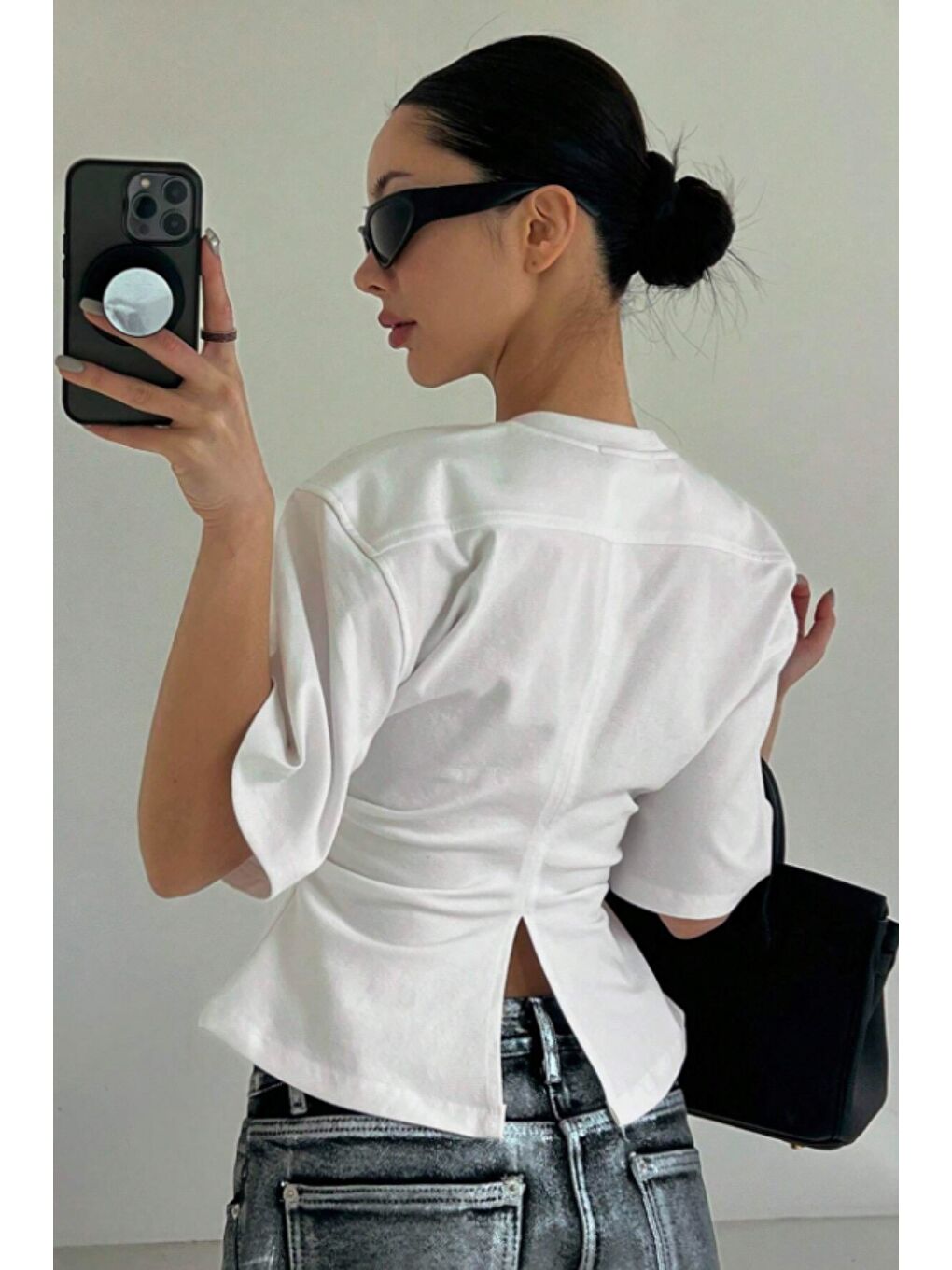 Beyaz Kadın Kısa Kollu Sırt Dekolteli Slim Fit Bluz/T-Shirt-1