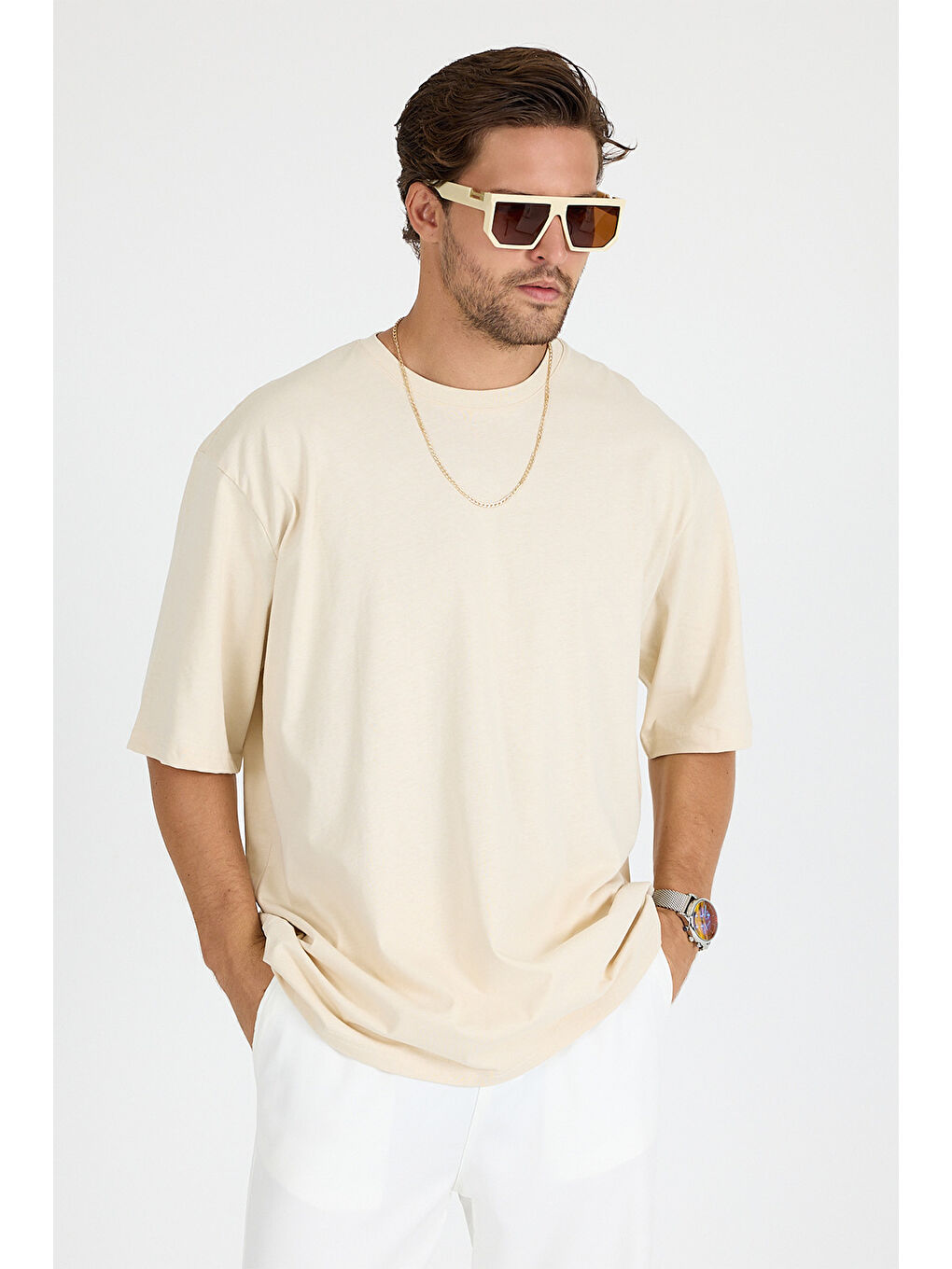 Ekru Erkek Timeless Oversize Krem T-Shirt-4