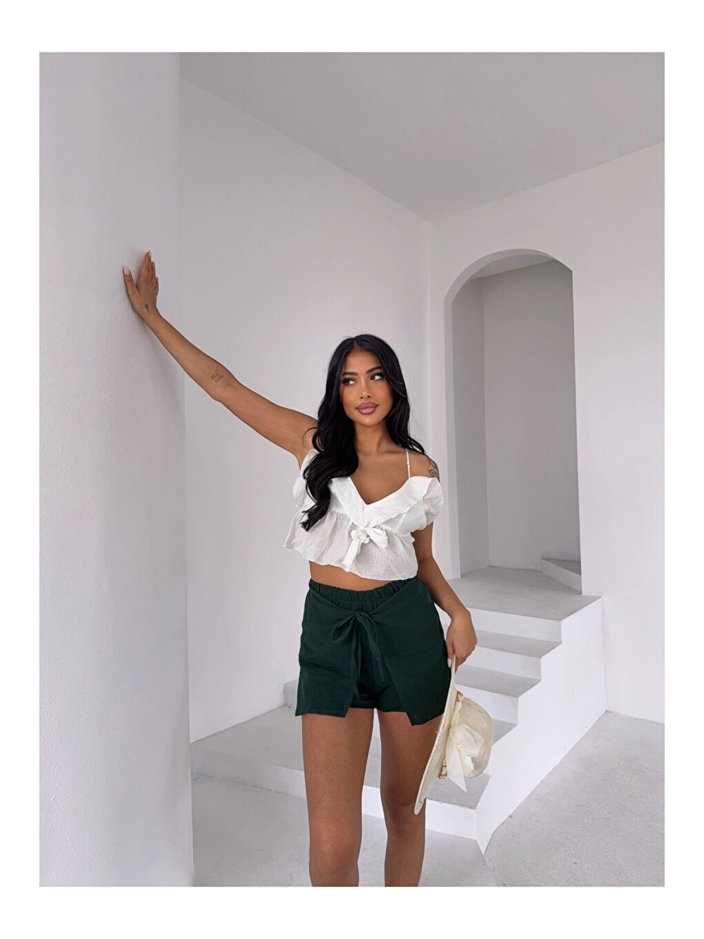 Kadın Zümrüt Yeşil Bağlama Detay Müslin Şort HZL25S-DSB2323
