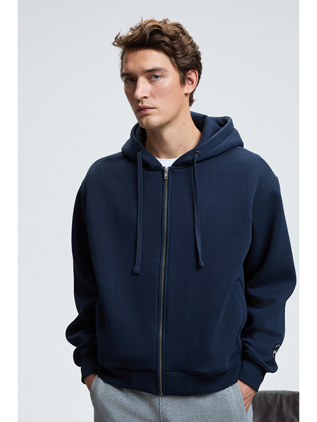 Ashby Erkek Kapüşonlu Fermuarlı Cepli Kordonlu Boxy Kalıp Lacivert Sweatshirt-1