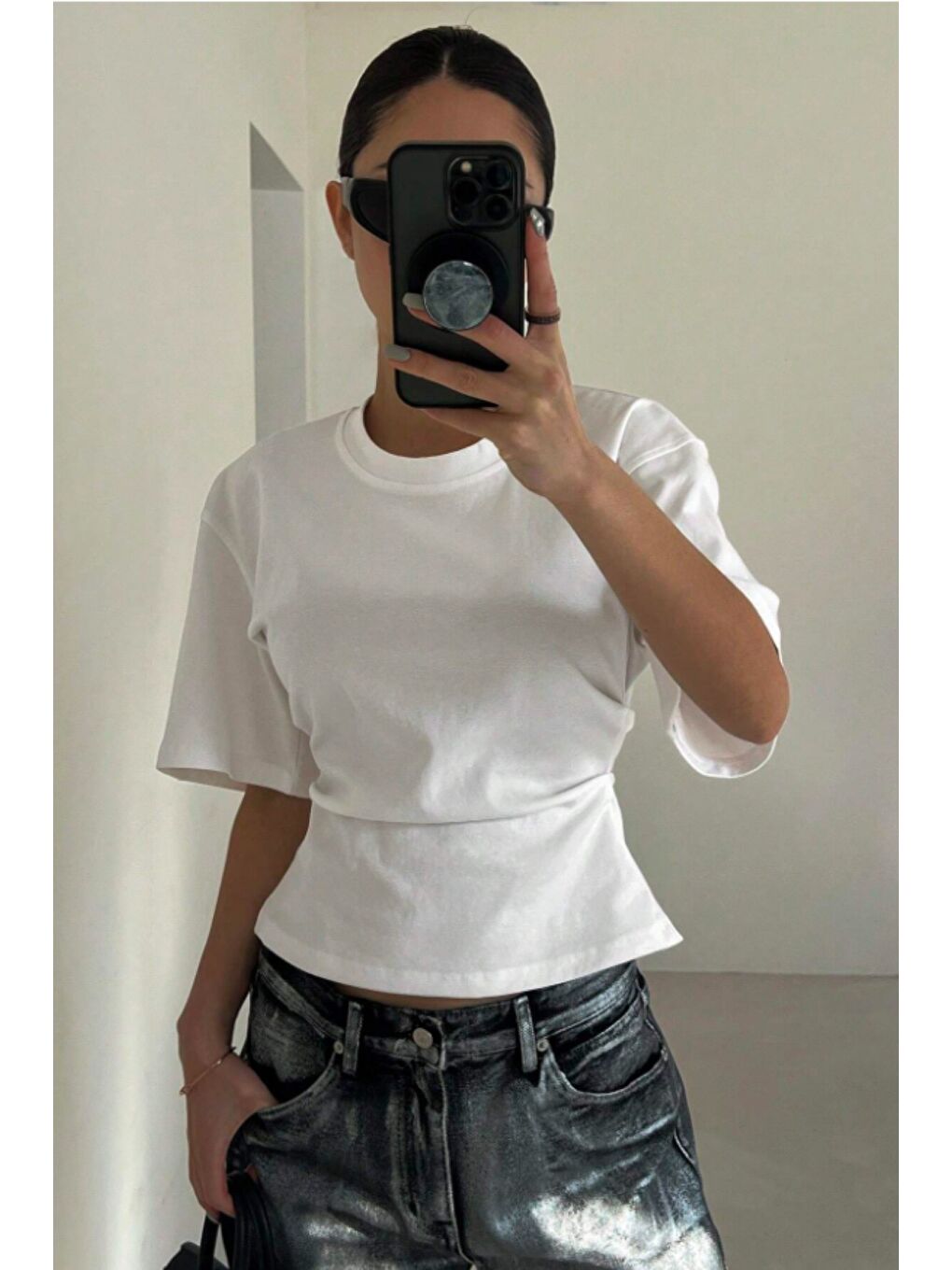 Beyaz Kadın Kısa Kollu Sırt Dekolteli Slim Fit Bluz/T-Shirt-5