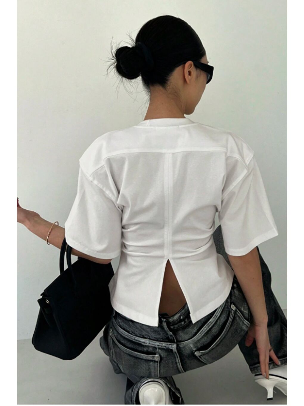 Beyaz Kadın Kısa Kollu Sırt Dekolteli Slim Fit Bluz/T-Shirt-7