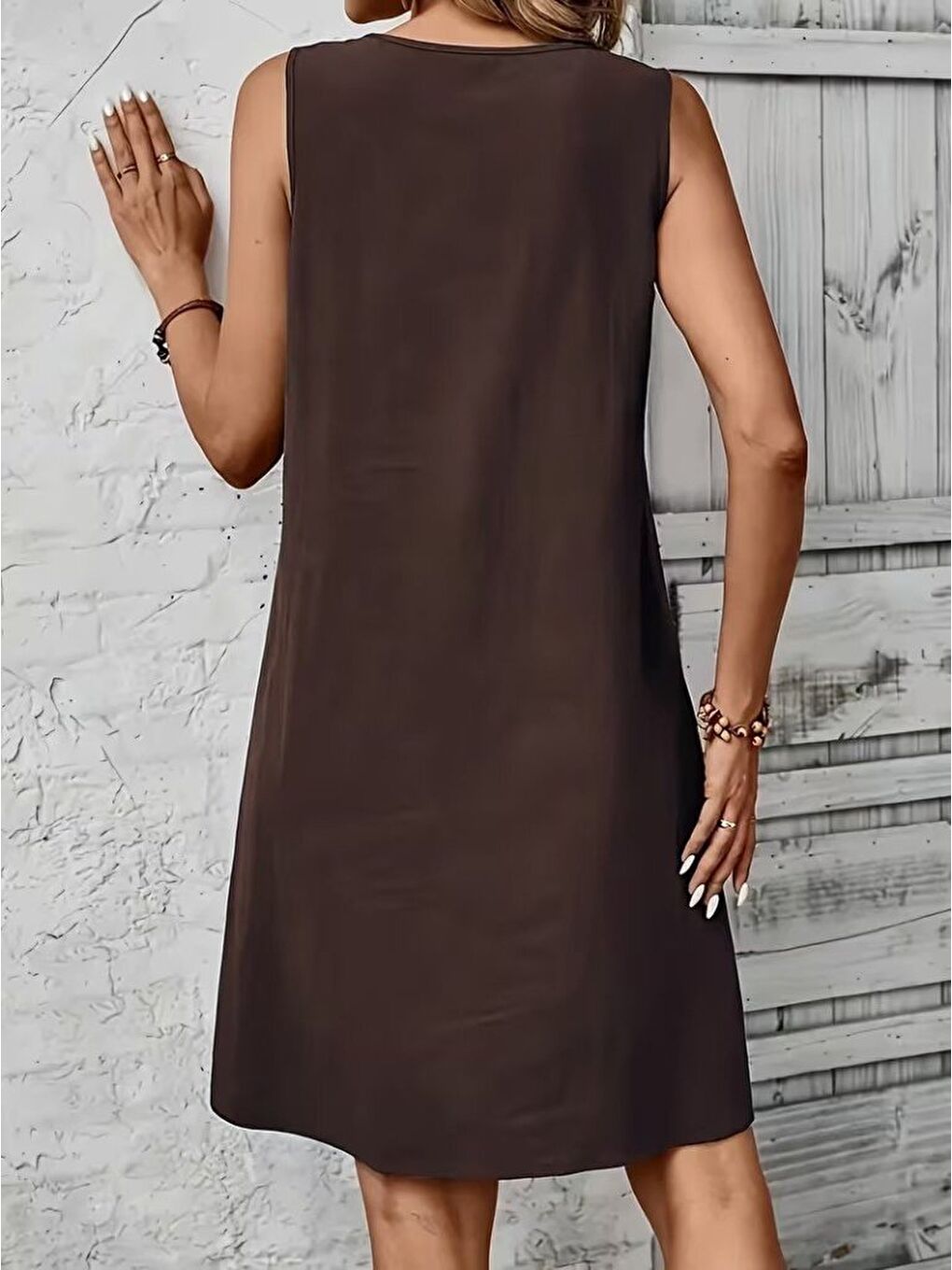 Kahverengi Kadın Askılı Yuvarlak Yakalı önden Pileli Kısa Aerobin Elbise-2