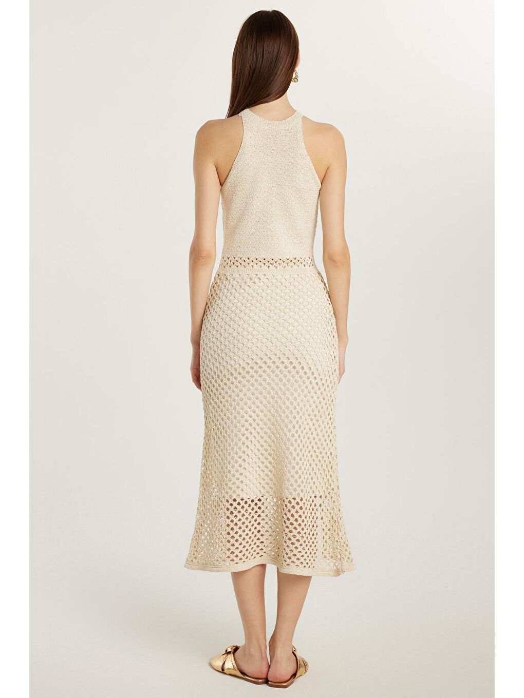 Kadın Standart Fit Örme Detaylı Bisiklet Yaka Ekru Elbise-4