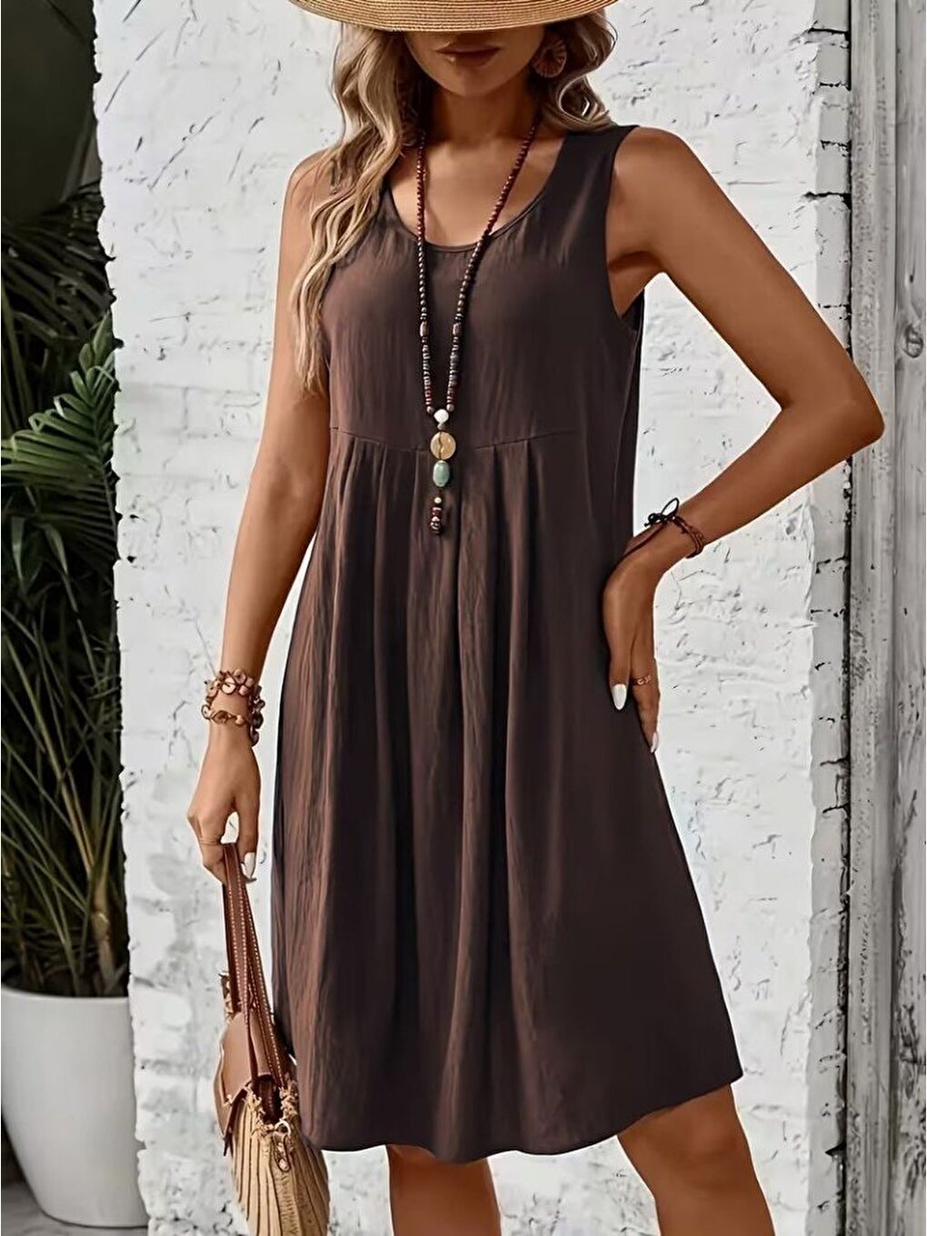 Kahverengi Kadın Askılı Yuvarlak Yakalı önden Pileli Kısa Aerobin Elbise-3