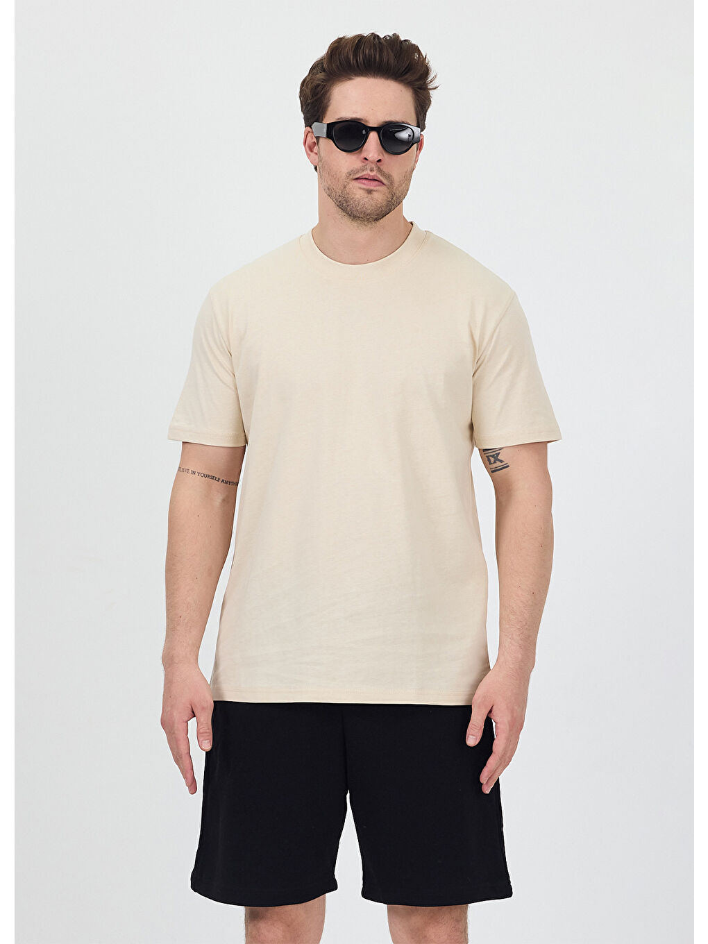 Ekru Erkek Basic Krem T-Shirt