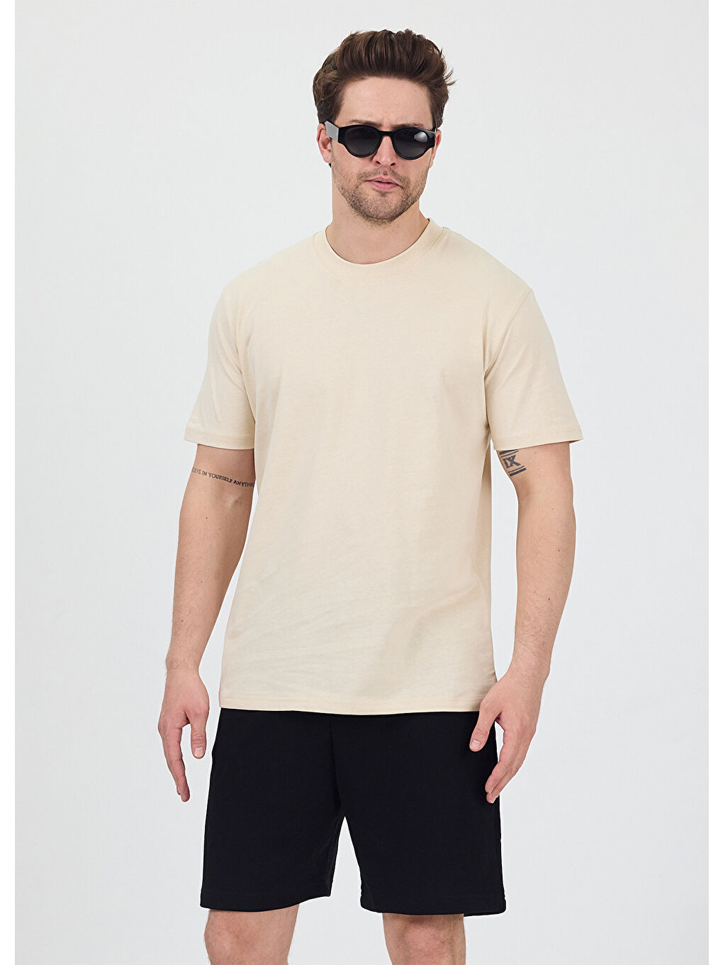 Ekru Erkek Basic Krem T-Shirt-1