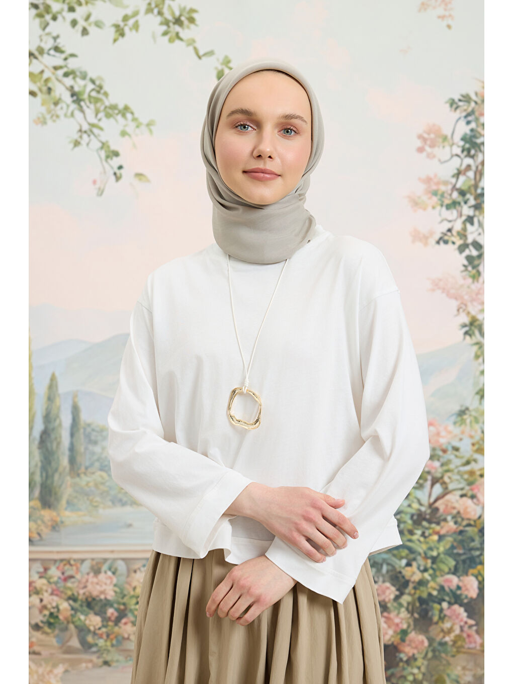 Bej Floş Viskon Düz Eşarp Taş-1