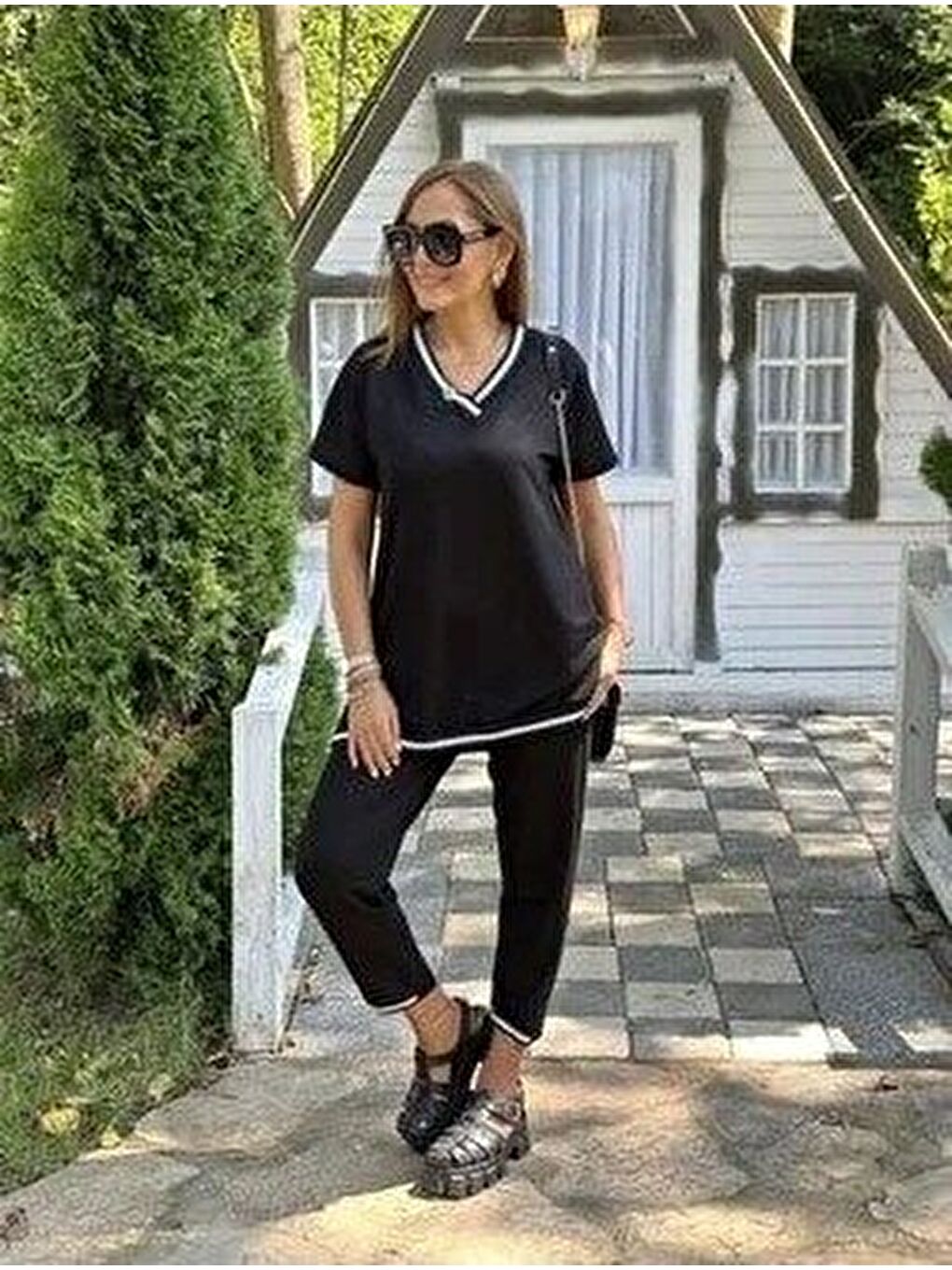 Siyah Kadın Kısa Kollu V Yakalı Iki Iplik Bluz Ve Pantolon Ikili Takım-2