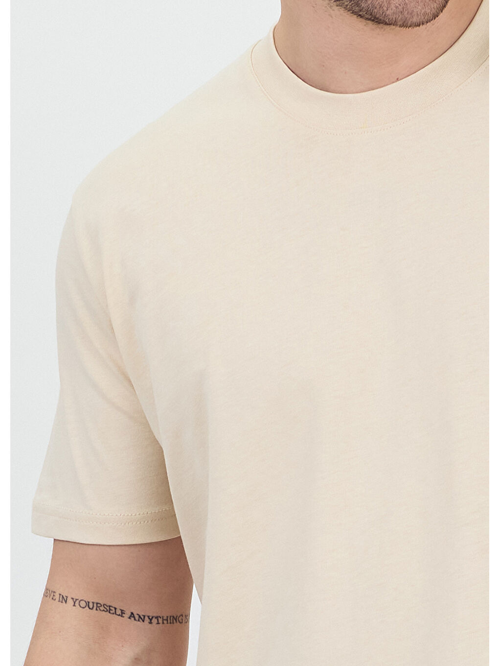 Ekru Erkek Basic Krem T-Shirt-3
