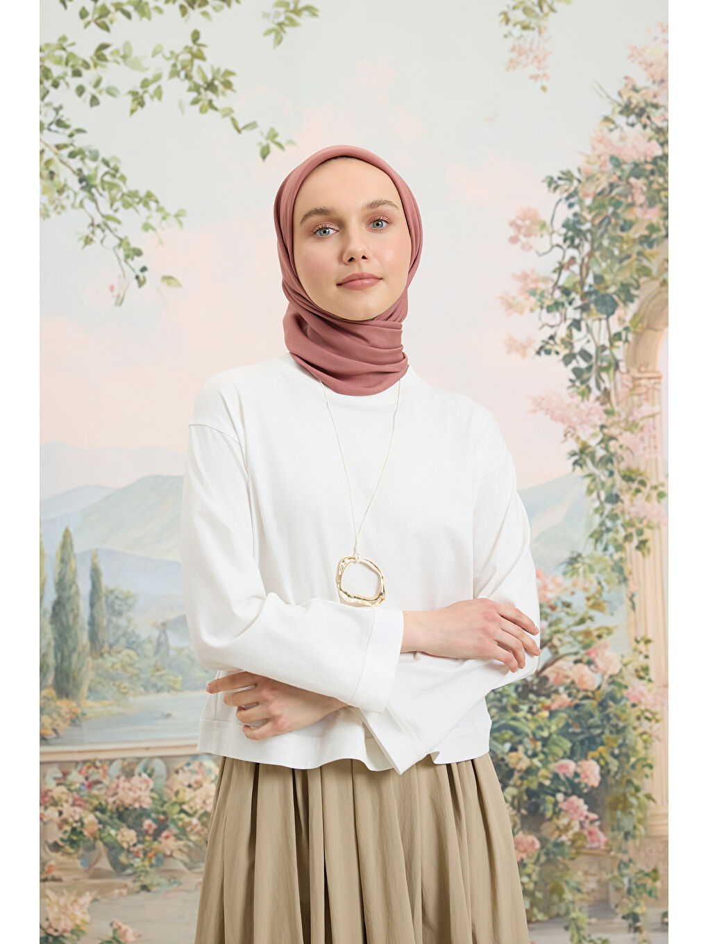 Pembe Floş Viskon Düz Eşarp Gül Kurusu-2