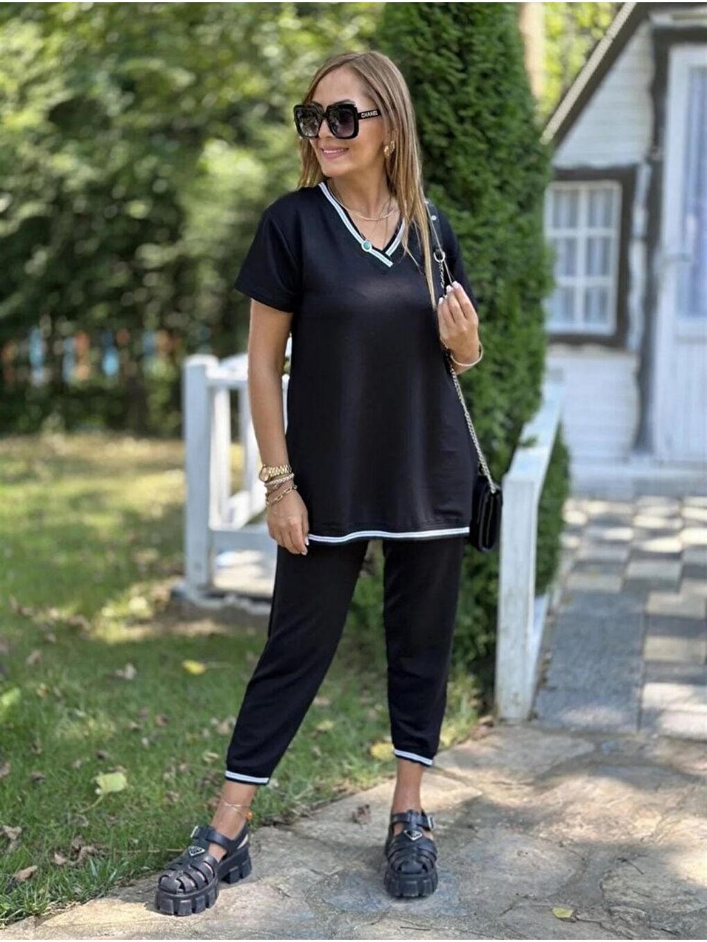 Siyah Kadın Kısa Kollu V Yakalı Iki Iplik Bluz Ve Pantolon Ikili Takım-3