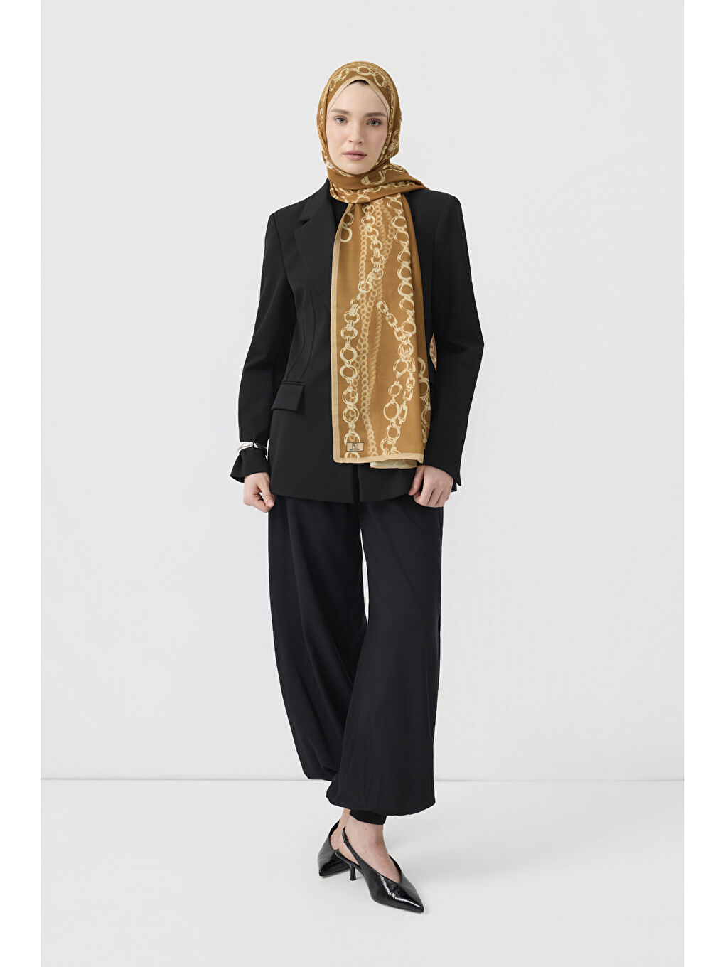 Bej Pamuk Twill Şal Loop Line Camel-3