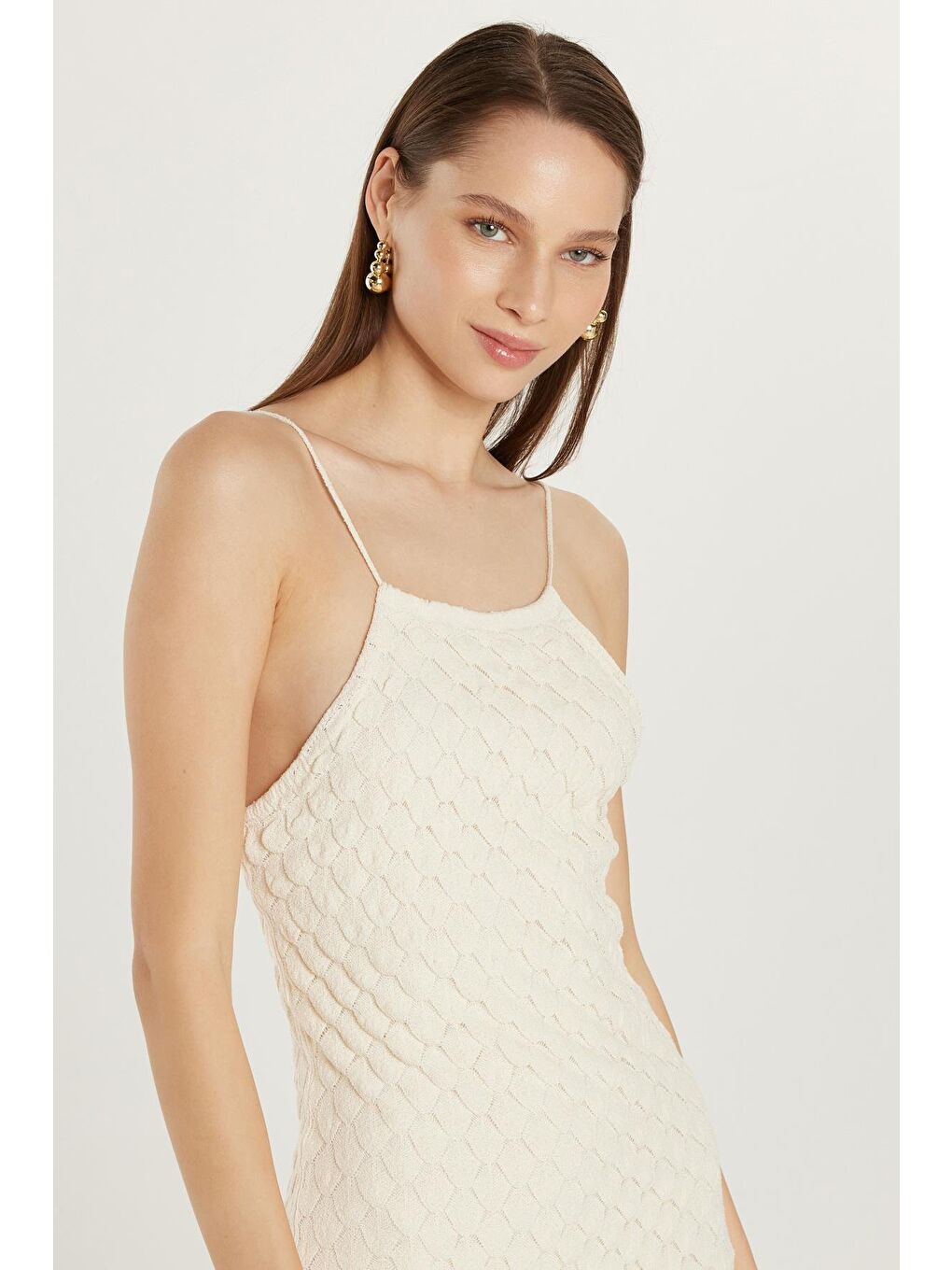 Kadın Standart Fit İnce Askılı Desenli U Yaka Ekru Elbise-1