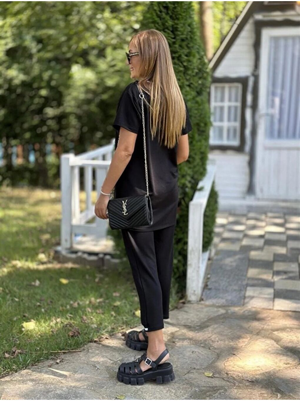 Siyah Kadın Kısa Kollu V Yakalı Iki Iplik Bluz Ve Pantolon Ikili Takım-4