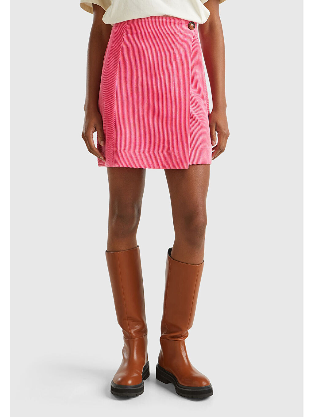 Kadın Pembe Düğme Detaylı Kadife Anvelop Mini Etek-1