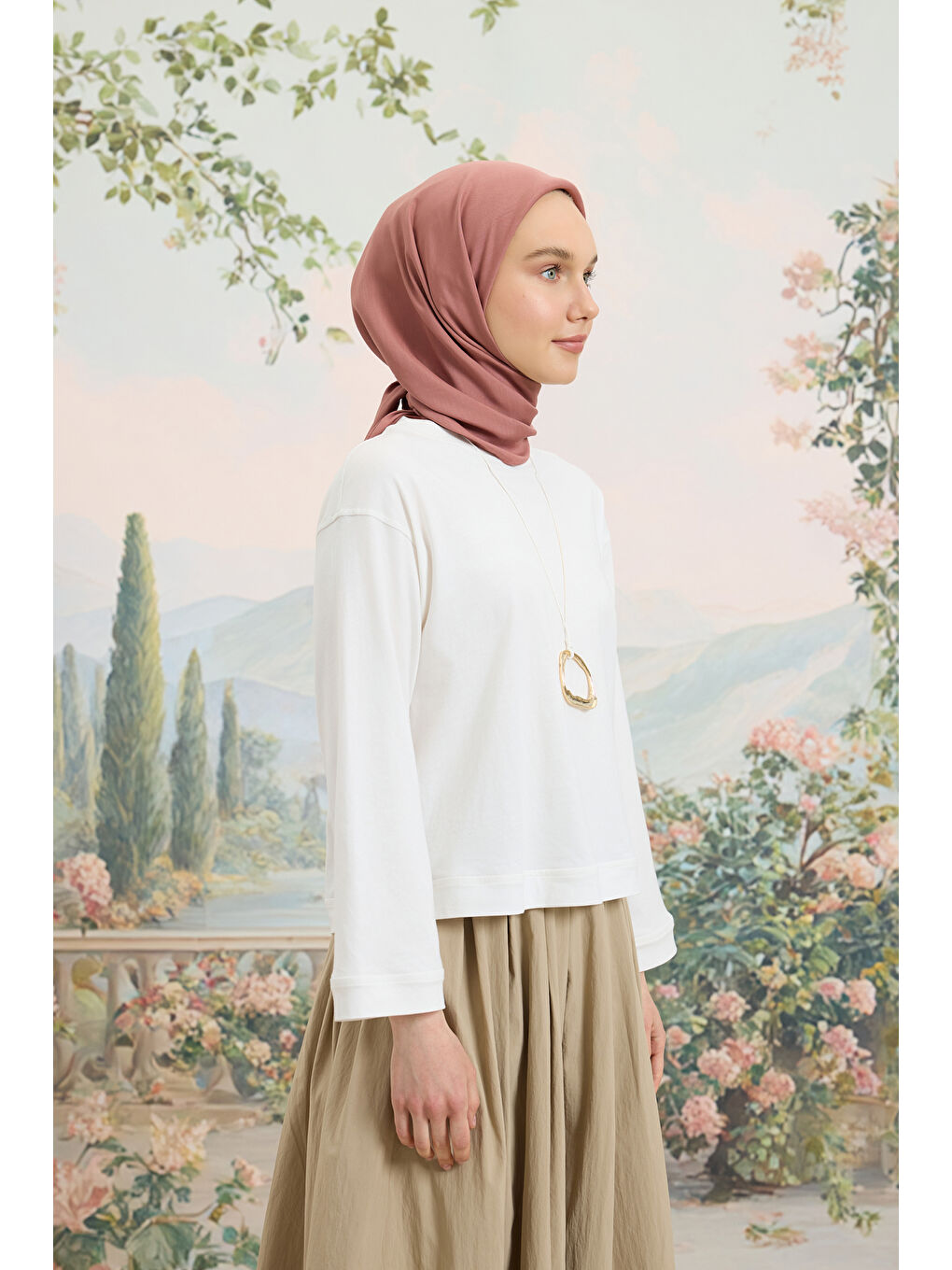 Pembe Floş Viskon Düz Eşarp Gül Kurusu-3