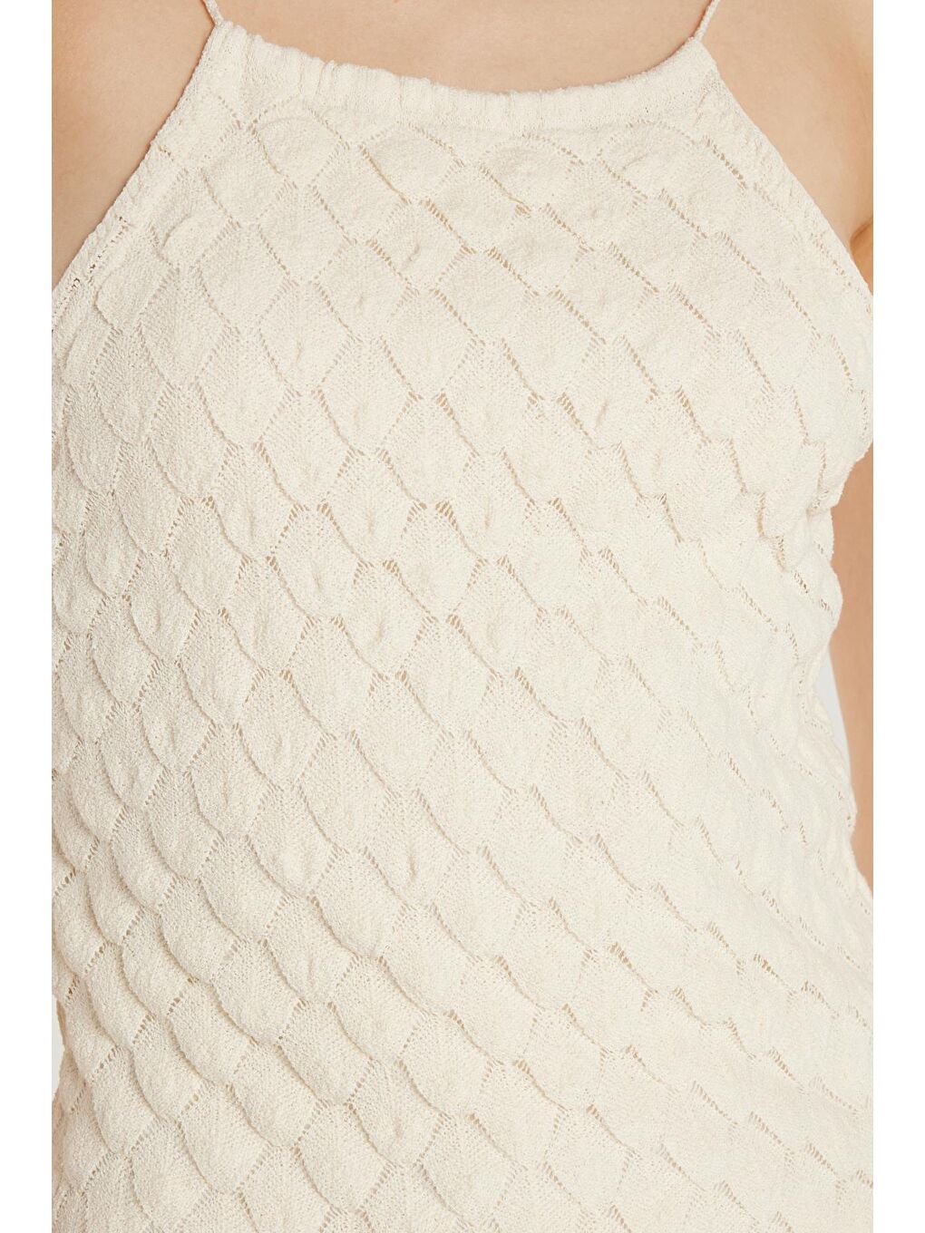 Kadın Standart Fit İnce Askılı Desenli U Yaka Ekru Elbise-2