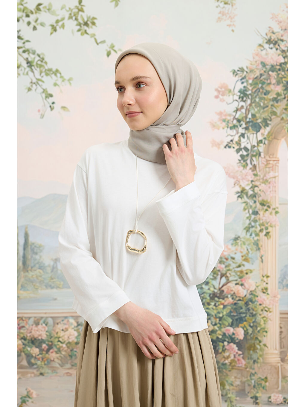 Bej Floş Viskon Düz Eşarp Taş-3