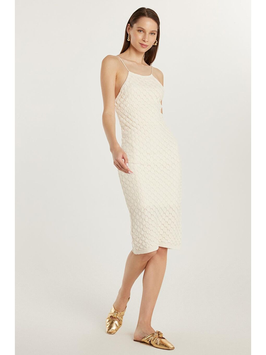 Kadın Standart Fit İnce Askılı Desenli U Yaka Ekru Elbise-3