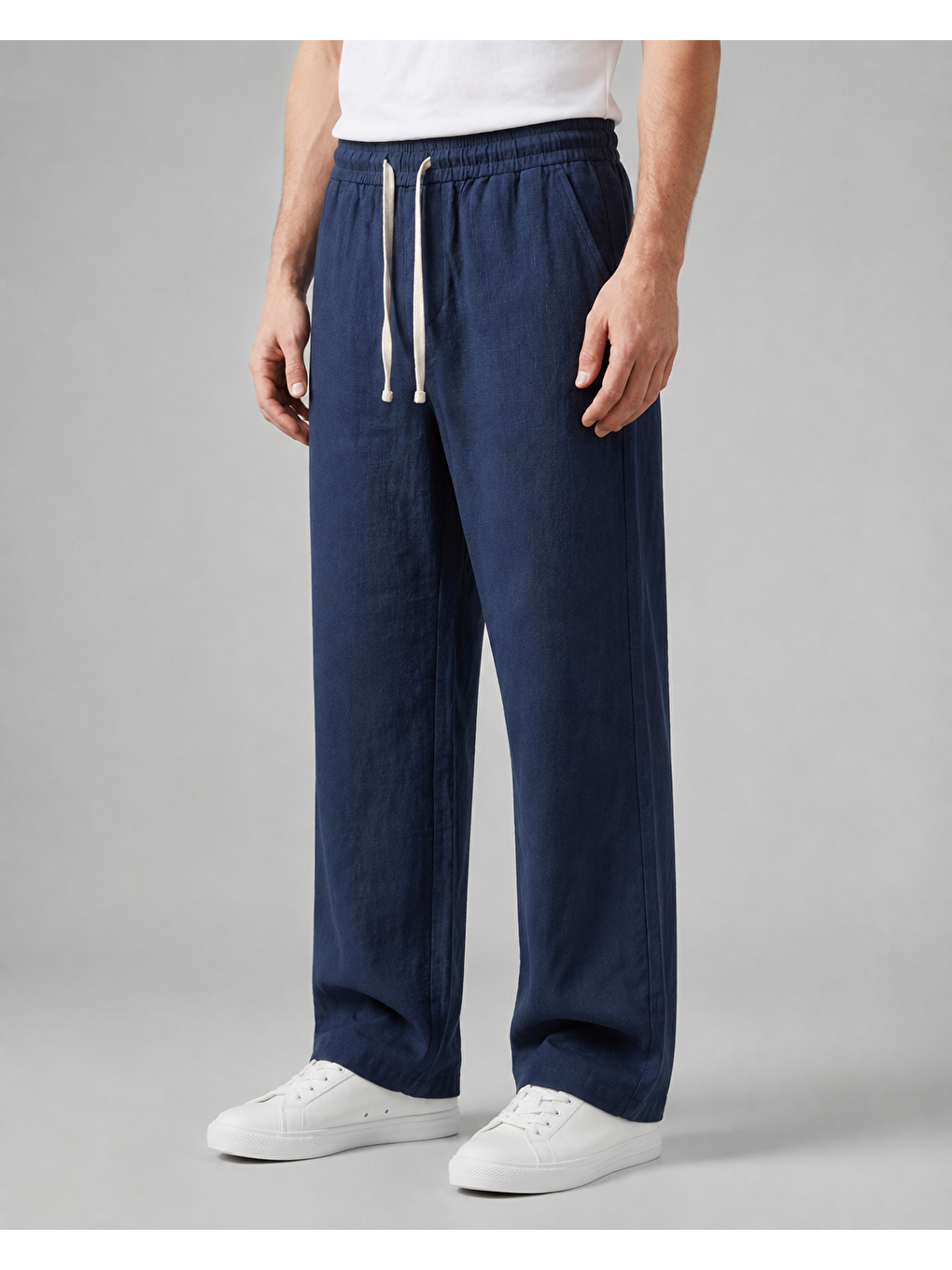 Erkek Baggy Kalıp Beli Lastikli %100 Pamuk Keten Görünümlü Pantolon Lacivert 1007dngr-2