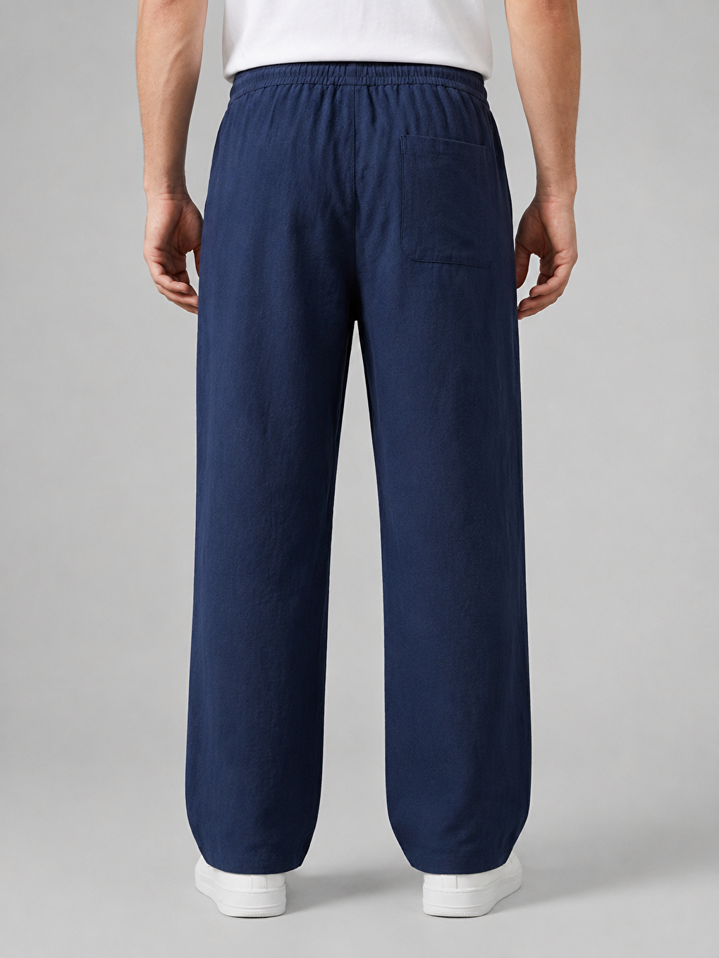 Erkek Baggy Kalıp Beli Lastikli %100 Pamuk Keten Görünümlü Pantolon Lacivert 1007dngr-3