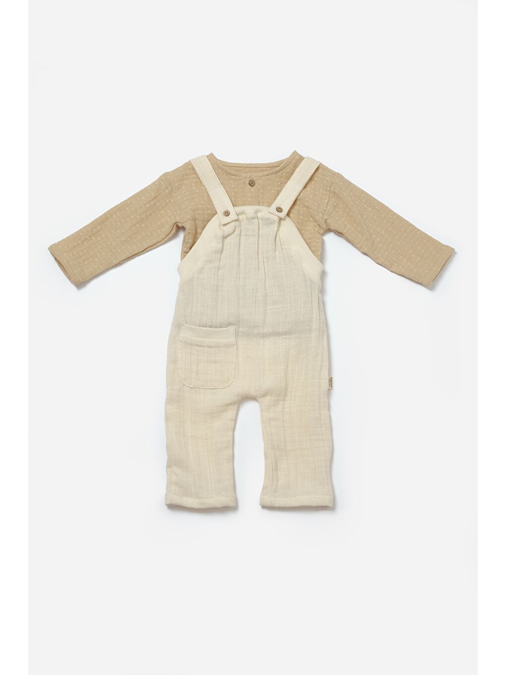 Ekru Unisex Bebek Pamuklu Bej Müslin Tulumlu Takım - Uzun Kollu İç Bodyli-2