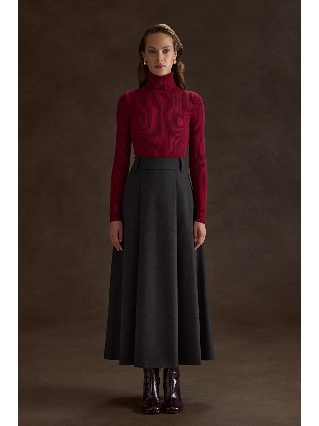 Antrasit Pileli Kloş Dokuma Etek