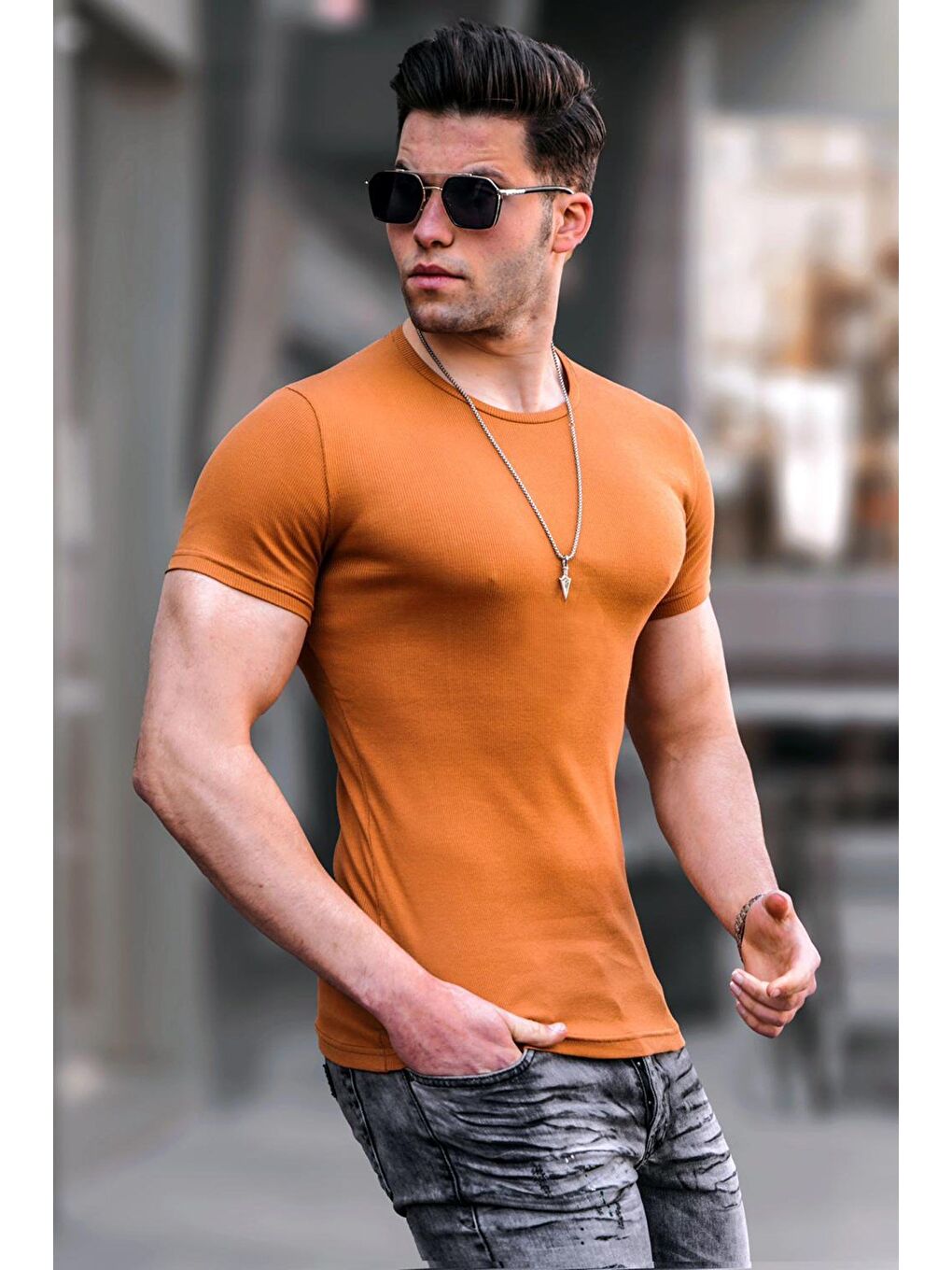 Kahverengi Bisiklet Yaka Camel Basic %100 Pamuk Tişört 4077