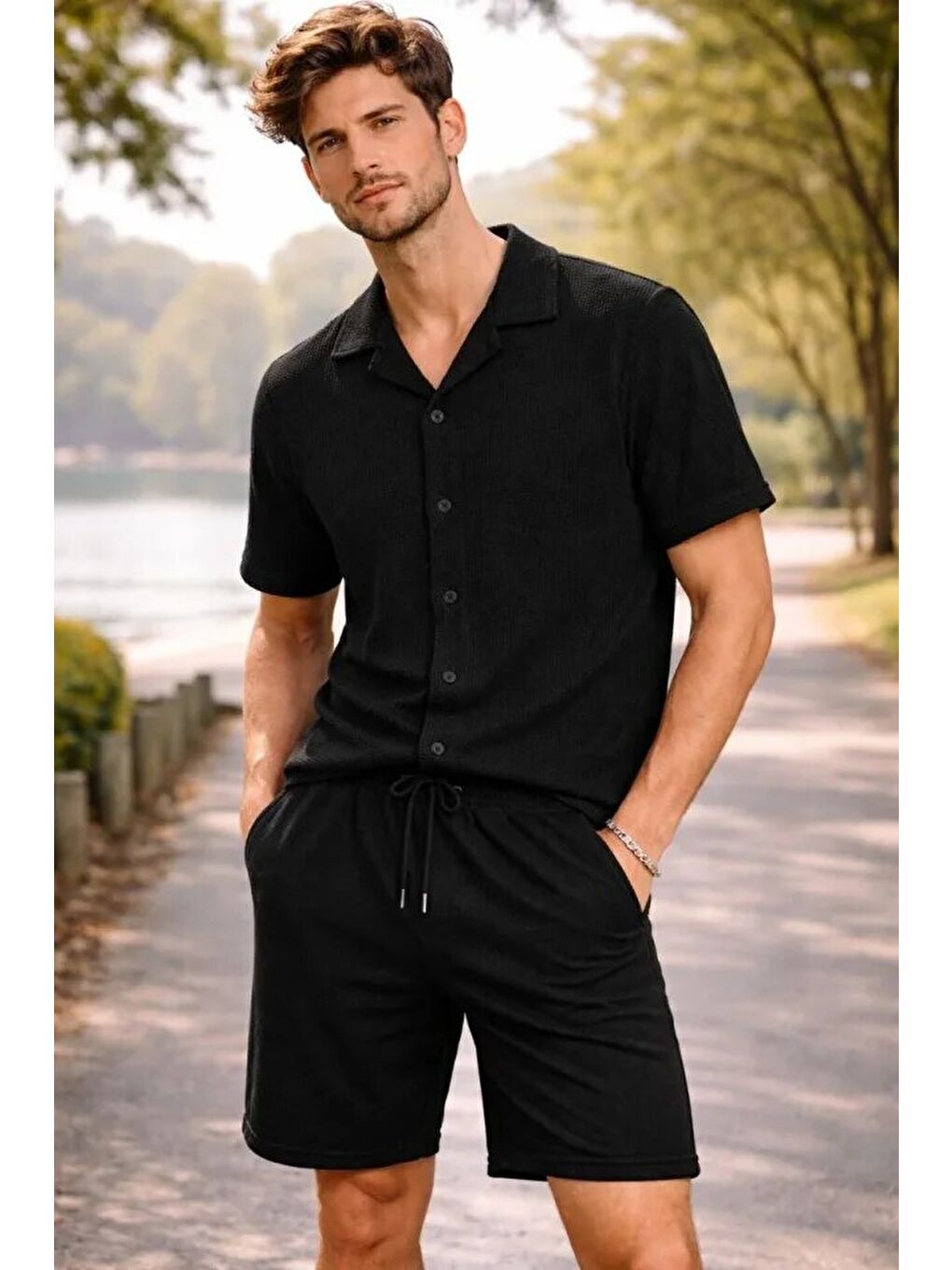 Erkek Waffle Kumaş Kısa Kollu Gömlek Şort Takım Regular Fit Yazlık İkili Set - Siyah-2