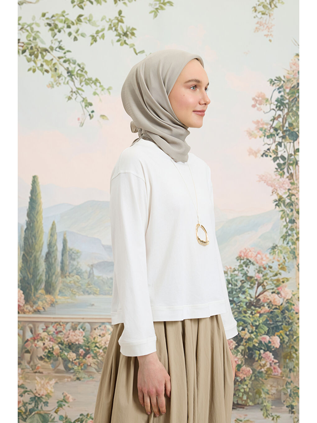 Bej Floş Viskon Düz Eşarp Taş-4