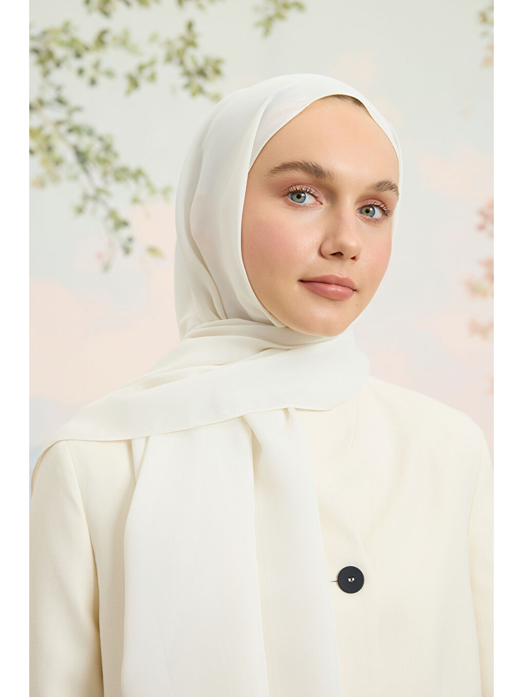 Ekru Floş Viskon Düz Şal İnci-1