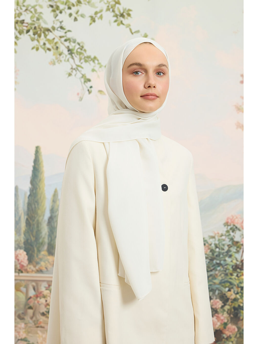 Ekru Floş Viskon Düz Şal İnci-2