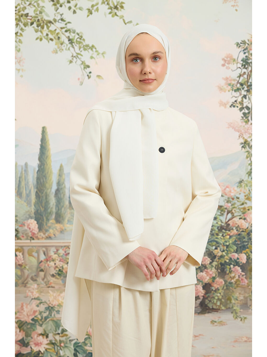 Ekru Floş Viskon Düz Şal İnci-3