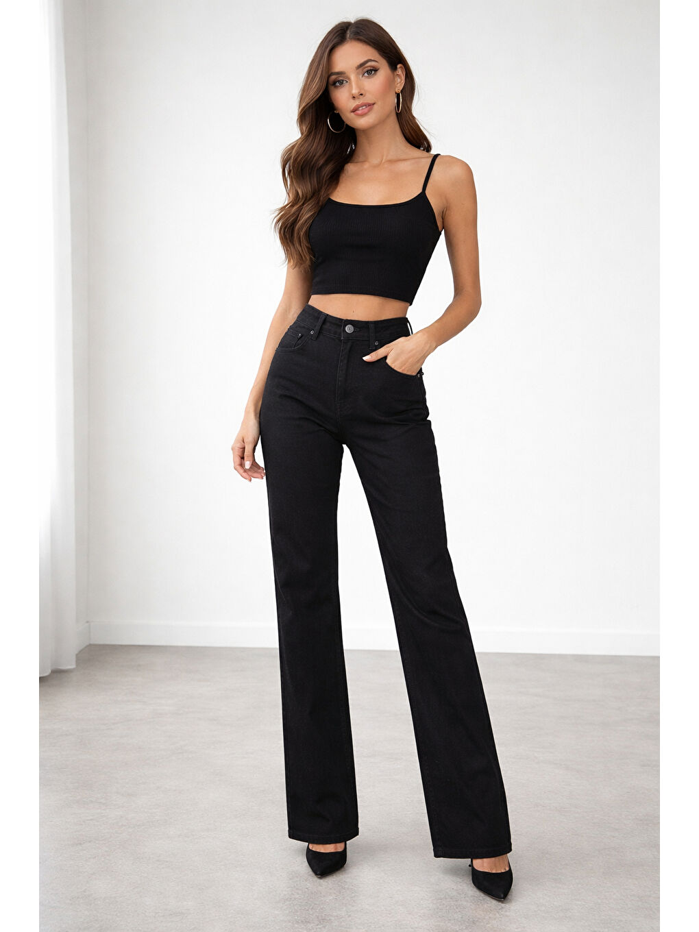 Yüksek Bel Çan Paça Siyah Jean