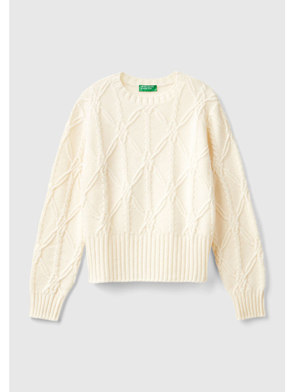 Ekru Kadın Krem Yün Karışımlı Dokulu Örgülü Yuvarlak Yaka Kazak-2