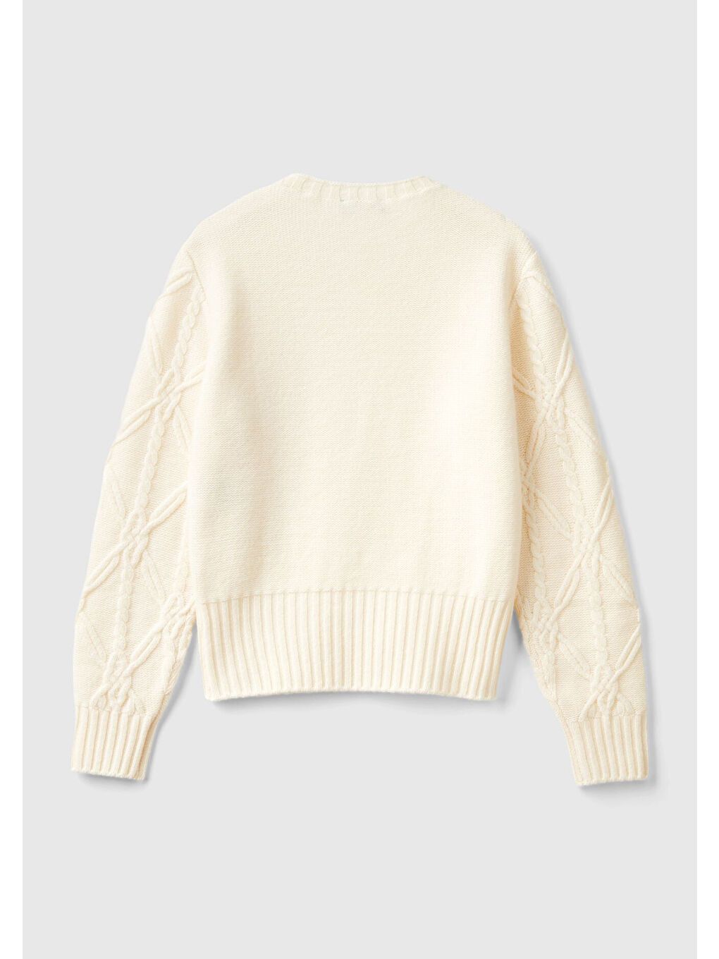 Ekru Kadın Krem Yün Karışımlı Dokulu Örgülü Yuvarlak Yaka Kazak-4