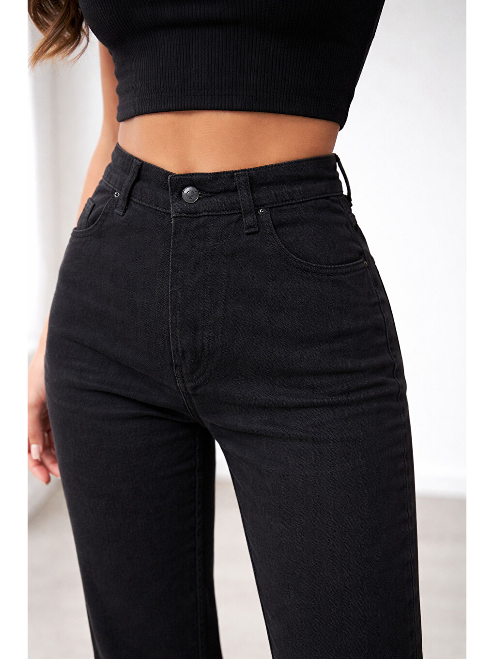 Yüksek Bel Çan Paça Siyah Jean-2