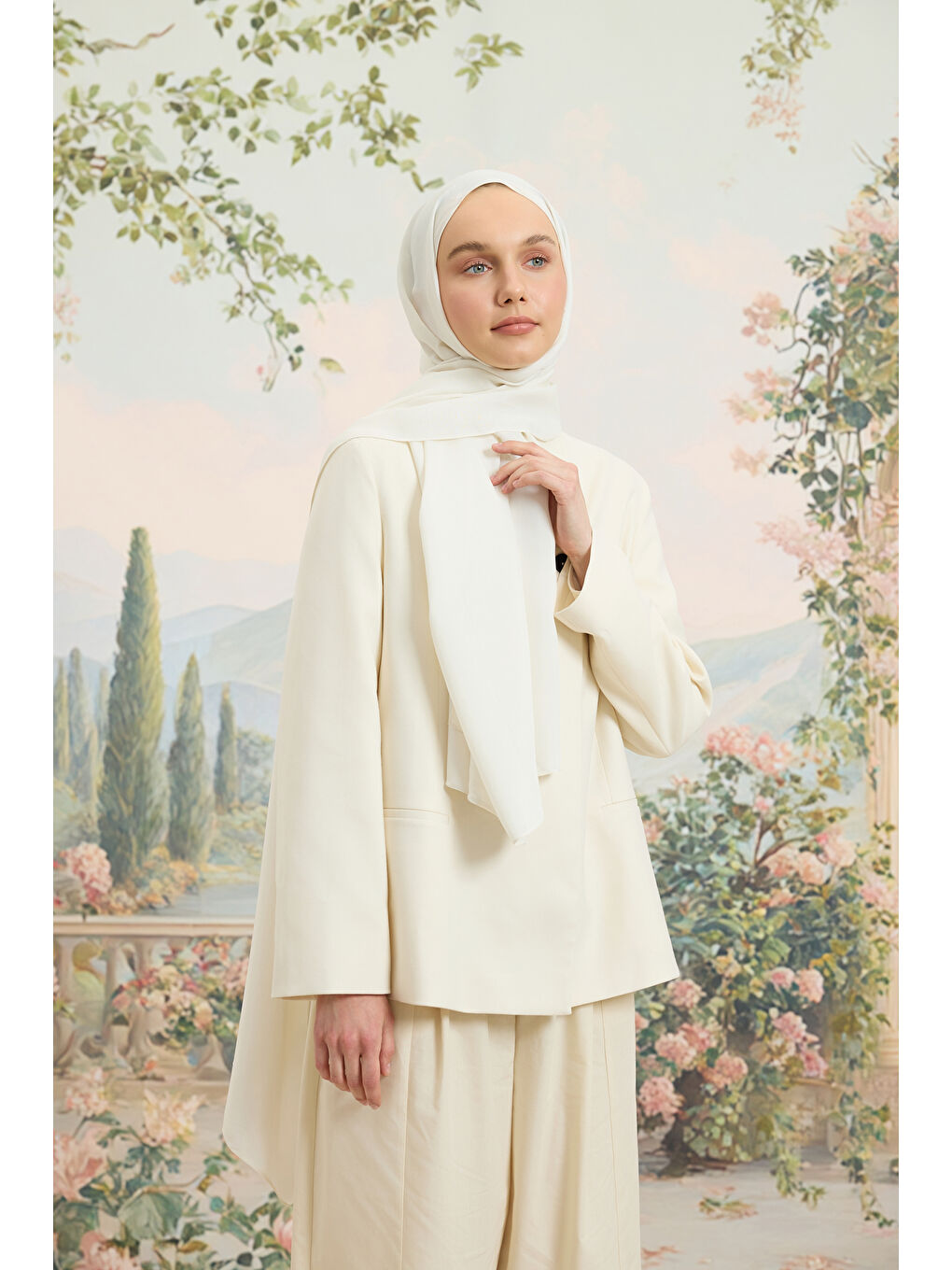 Ekru Floş Viskon Düz Şal İnci-5