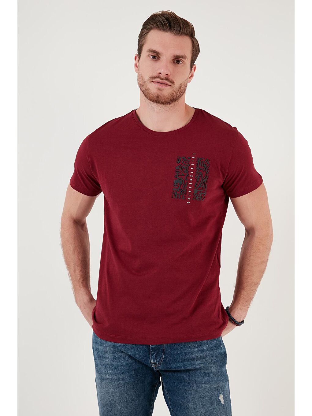 Bordo Bisiklet Yaka %100 Pamuk Slim Fit Erkek Tişört 541QUINT-1