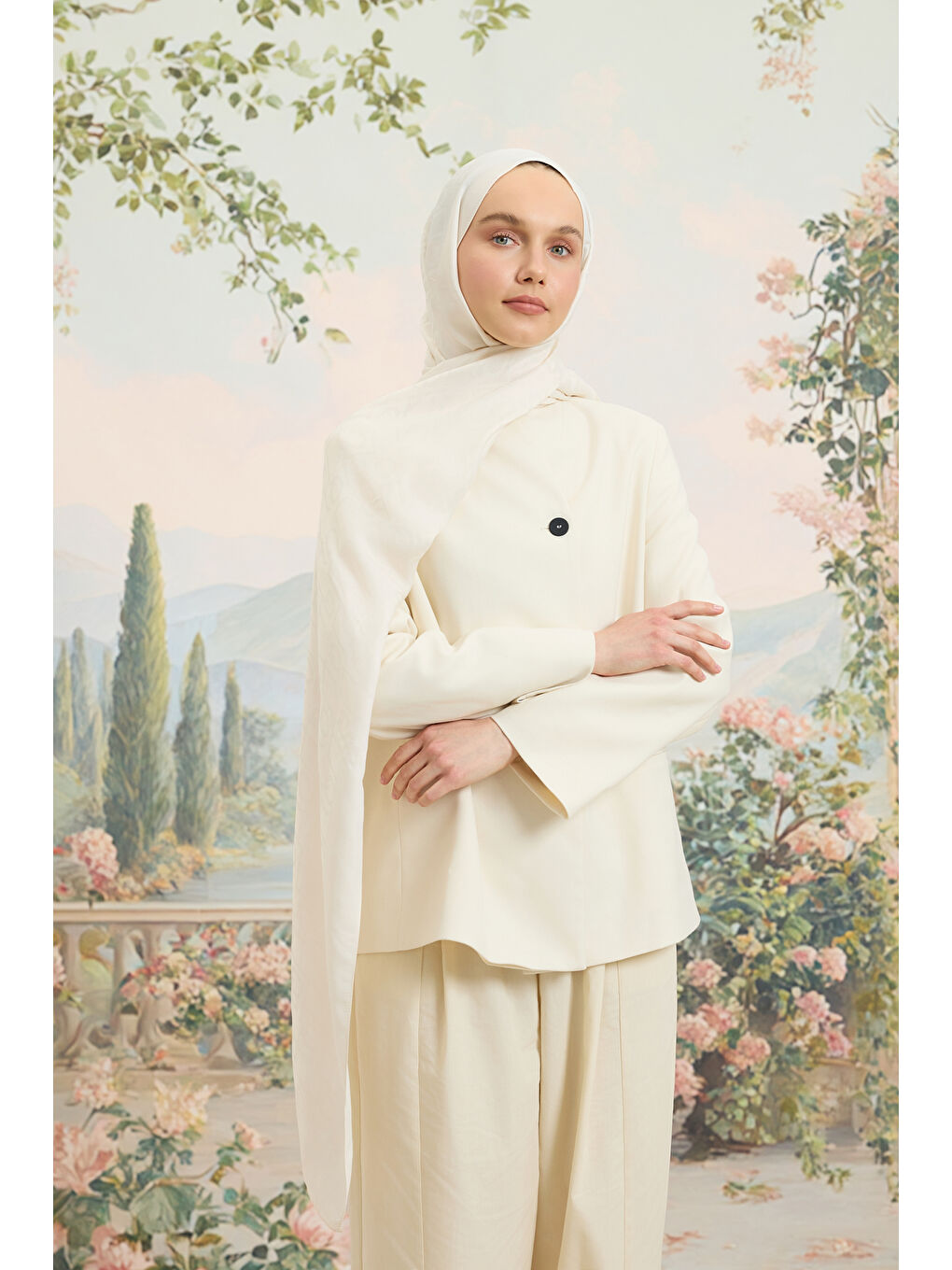 Ekru Floş Viskon Düz Şal İnci-7