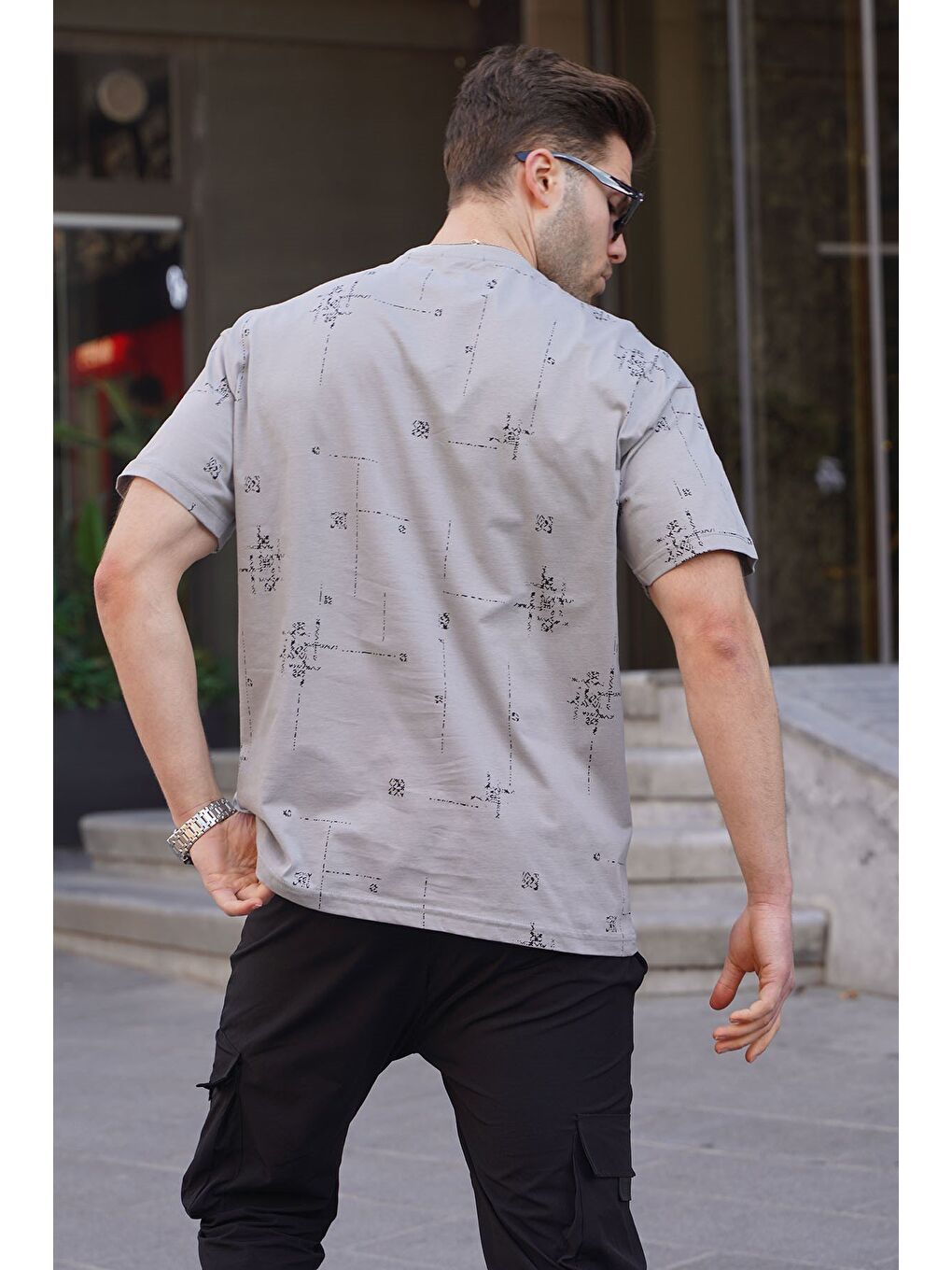 Boyalı Gri Bisiklet Yaka Baskılı Erkek %100 Pamuk Tişört 6093-1