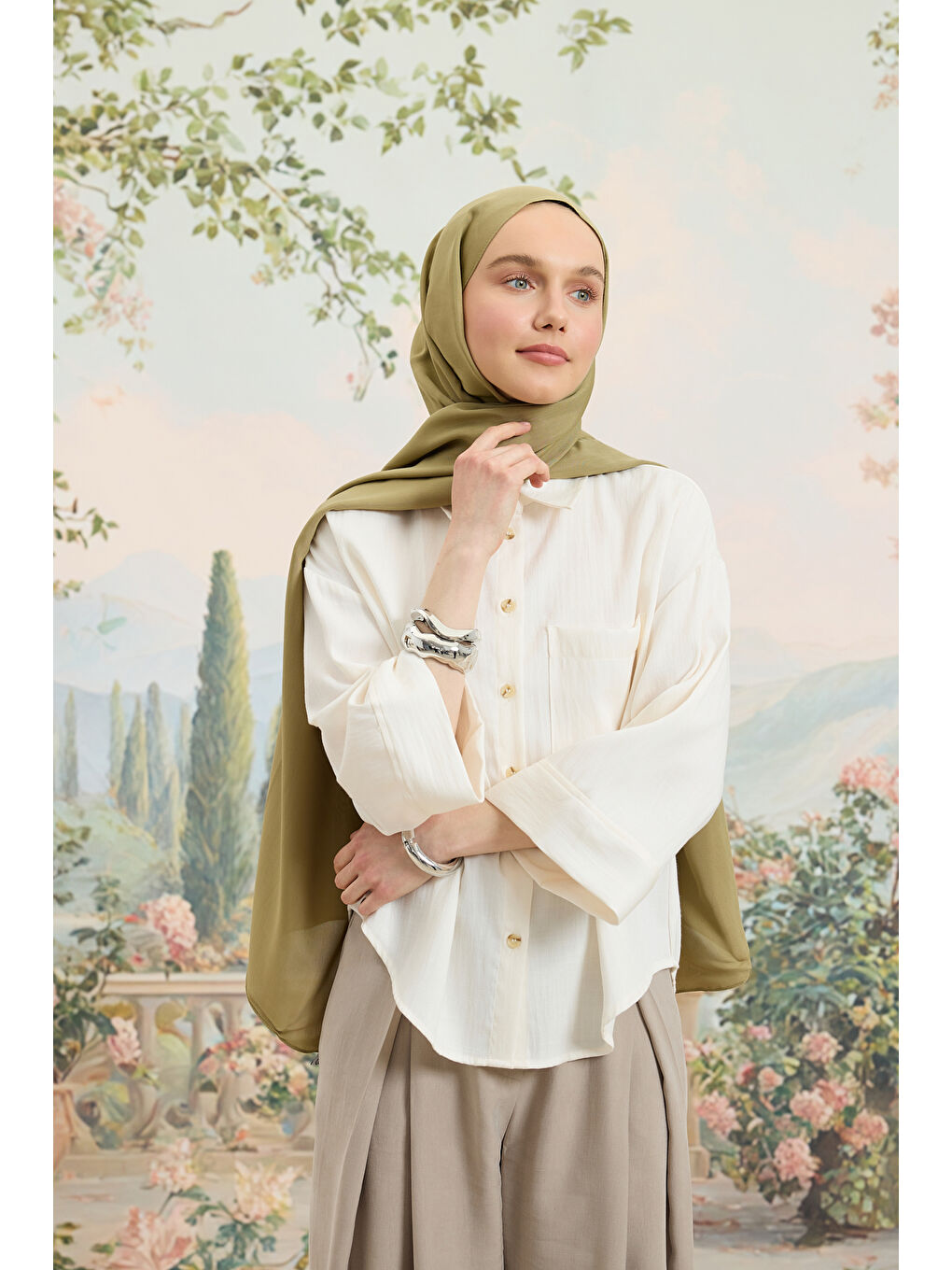 Yeşil Floş Viskon Düz Şal Adaçayı