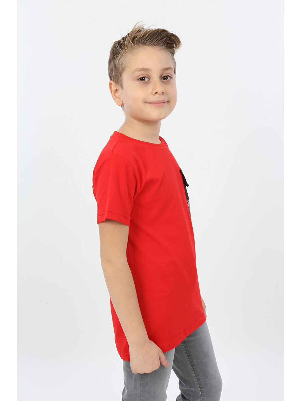 Kırmızı Erkek Çocuk Göğsü Cepli Yazı Baskılı Tişört-2