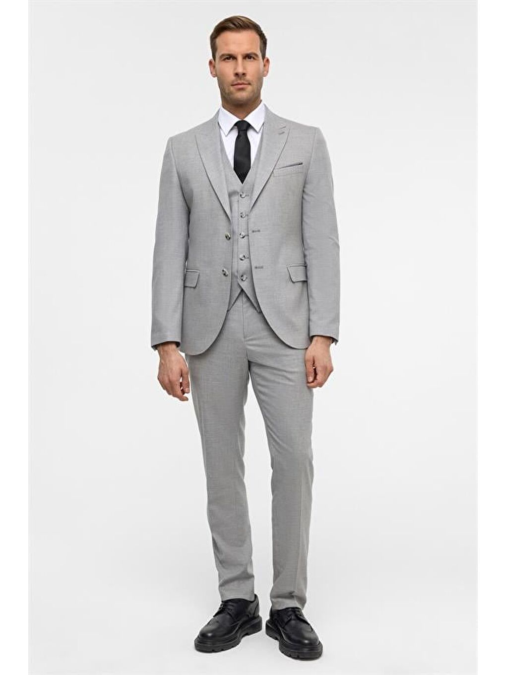 Gri Slim Desenli Sivri Yaka 6 Drop Yelekli Takım Elbise