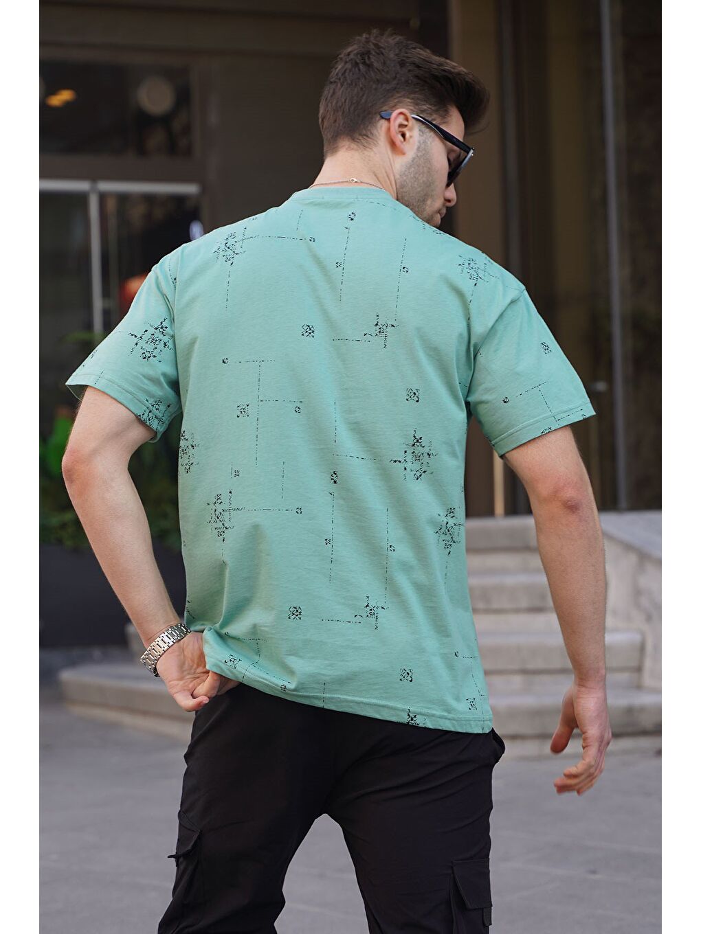 Mint Yeşili Bisiklet Yaka Baskılı Erkek %100 Pamuk Tişört 6093-1