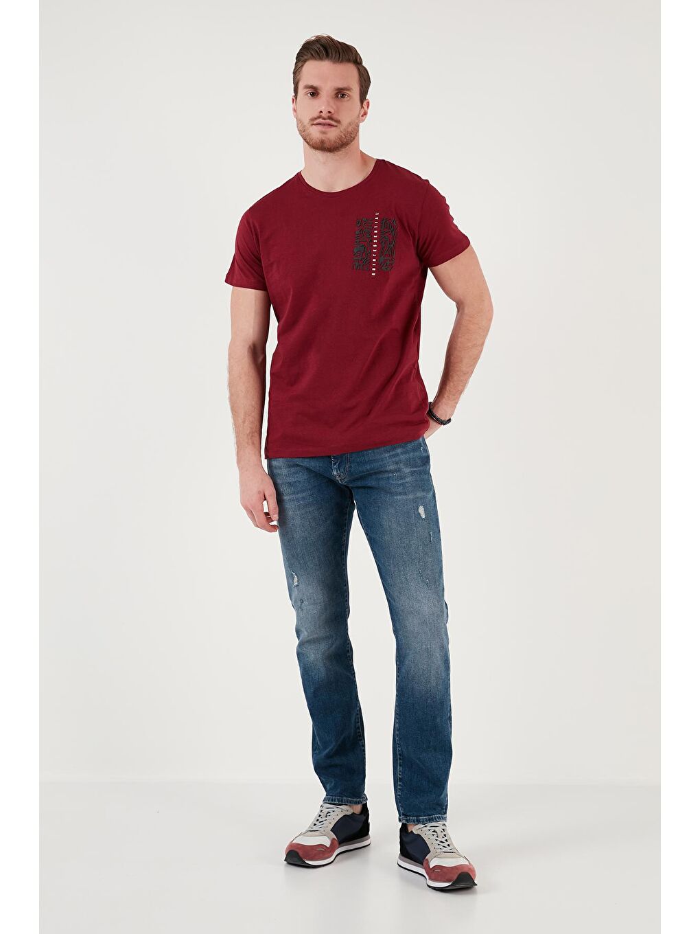 Bordo Bisiklet Yaka %100 Pamuk Slim Fit Erkek Tişört 541QUINT-2