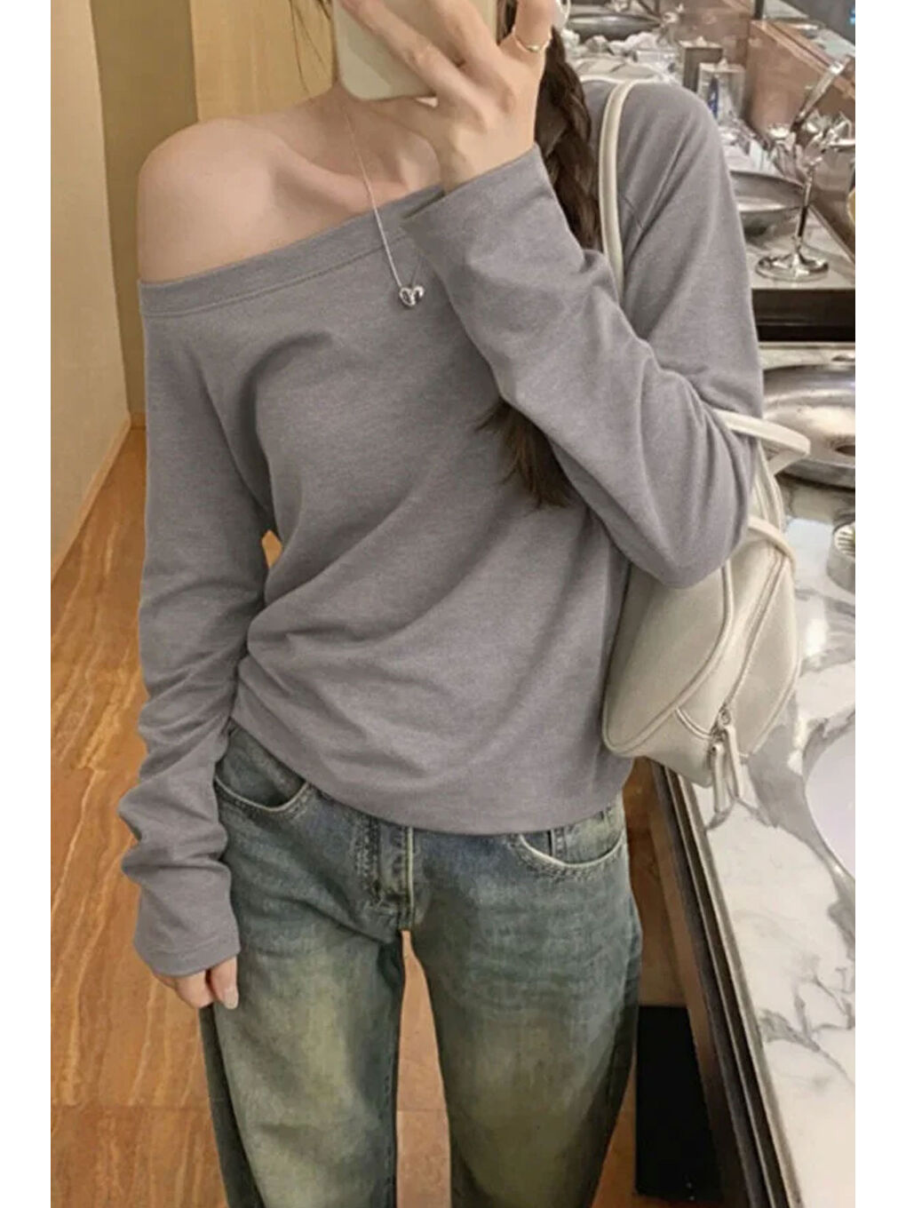 Antrasit Kadın Düşük Omuz Kayık Yaka Oversize Uzun Kollu T-Shirt