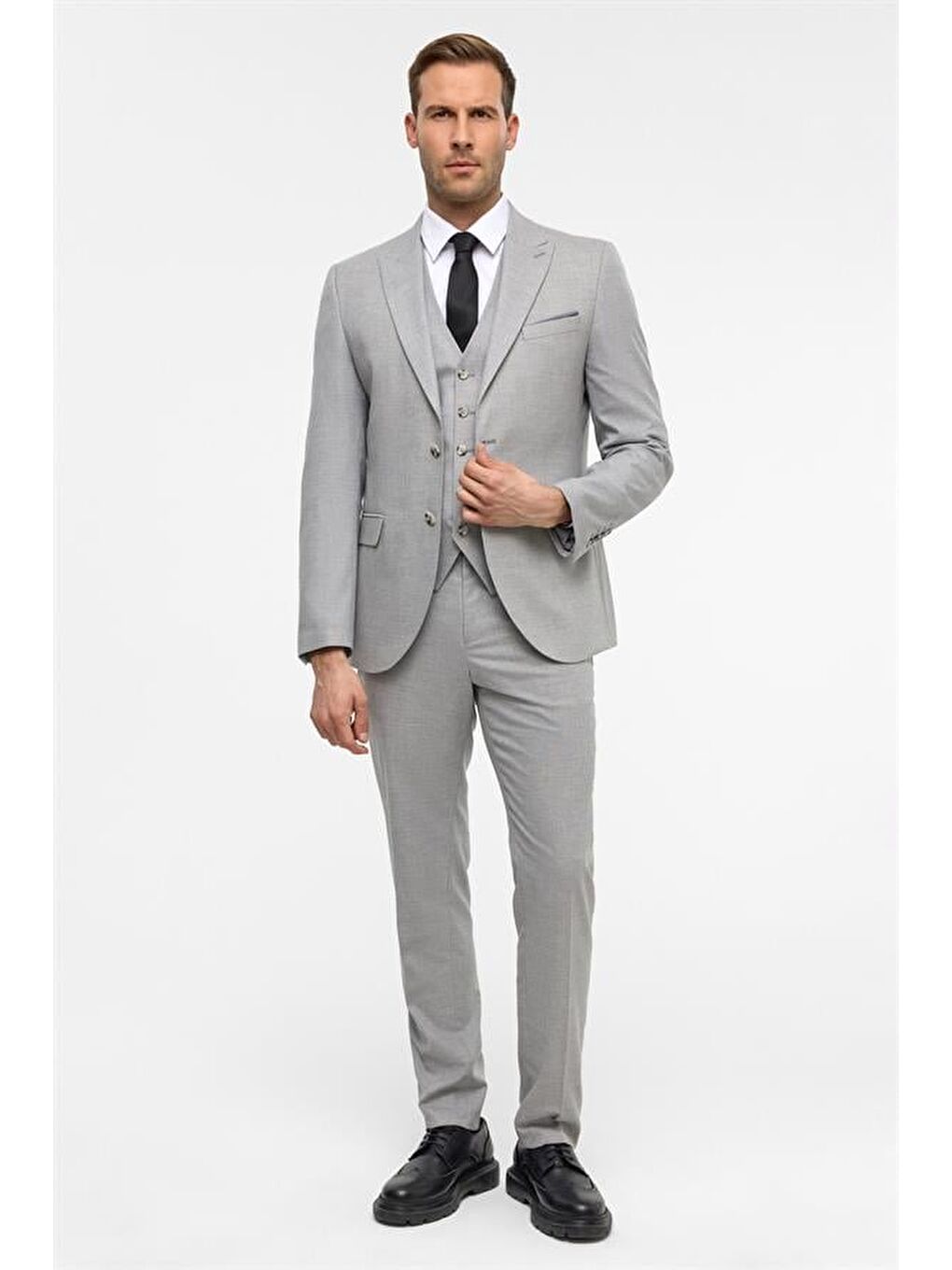 Gri Slim Desenli Sivri Yaka 6 Drop Yelekli Takım Elbise-1